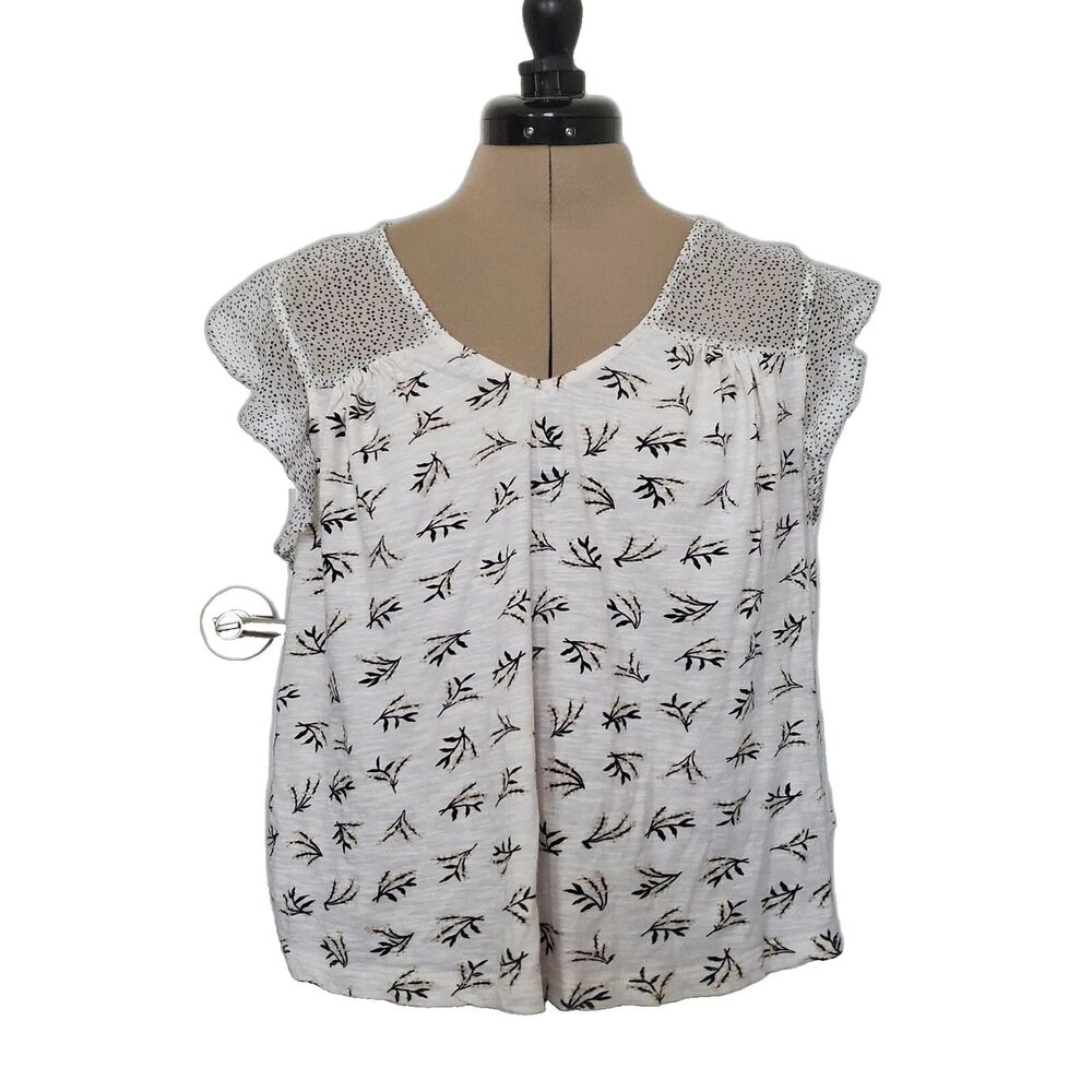 Lucky Brand Women's Top Size XS White Black Sheer Sleeve Cotton Blend Flowy